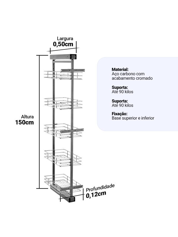 Coluna Regulável Deslizante Embutir 5 Cestos Cromado | Schmitt 2092 Coluna Regulável Deslizante Embutir 5 Cestos Cromado | Schmitt 2092