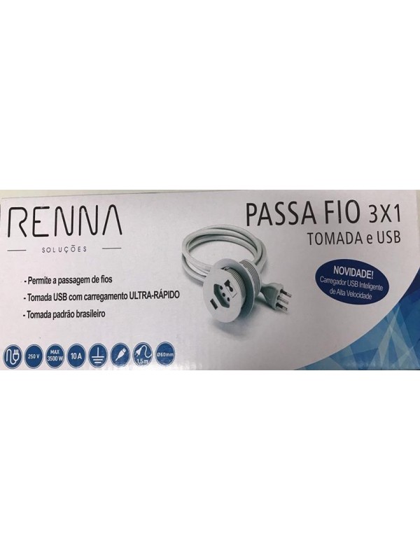 Passa Fio com Tomada e USB – Renna Passa Fio com Tomada e USB – Renna