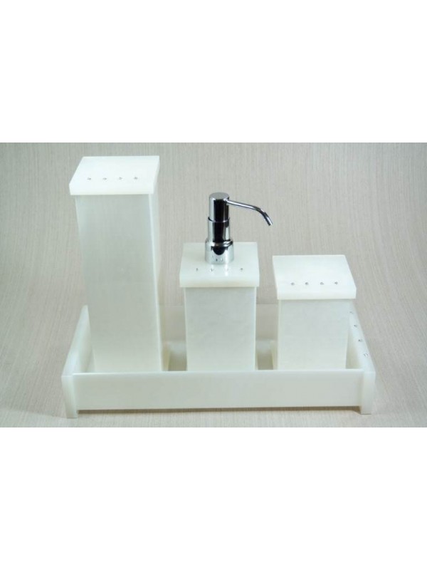 Kit Potes P/ Banheiro Acrílico C/ Strass Bandeja Retangular - Pérola